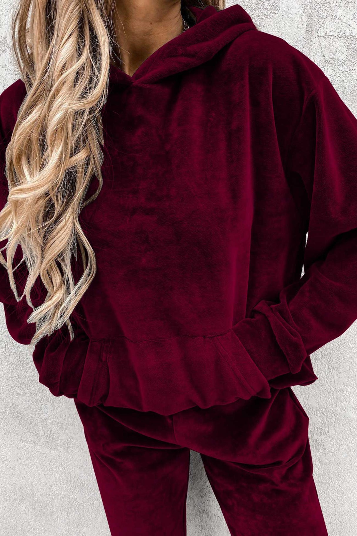 Velour Solid Color Hoodie Long Pants Set
