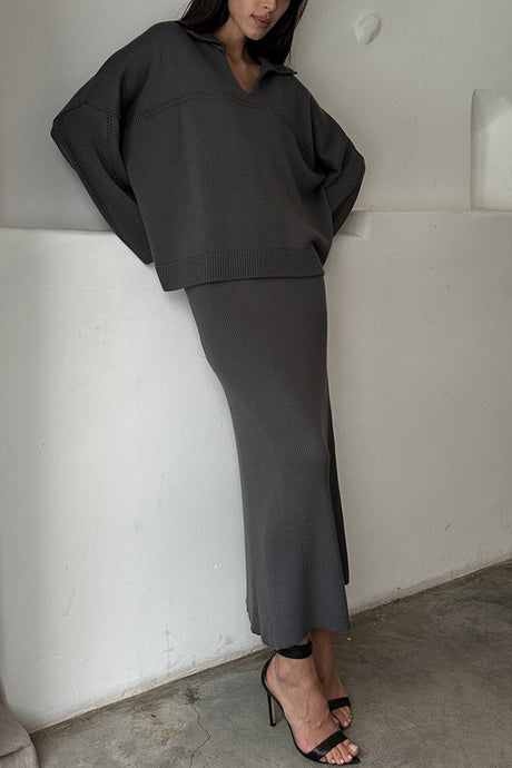 Lapel V Neck Sweater Skirt Set