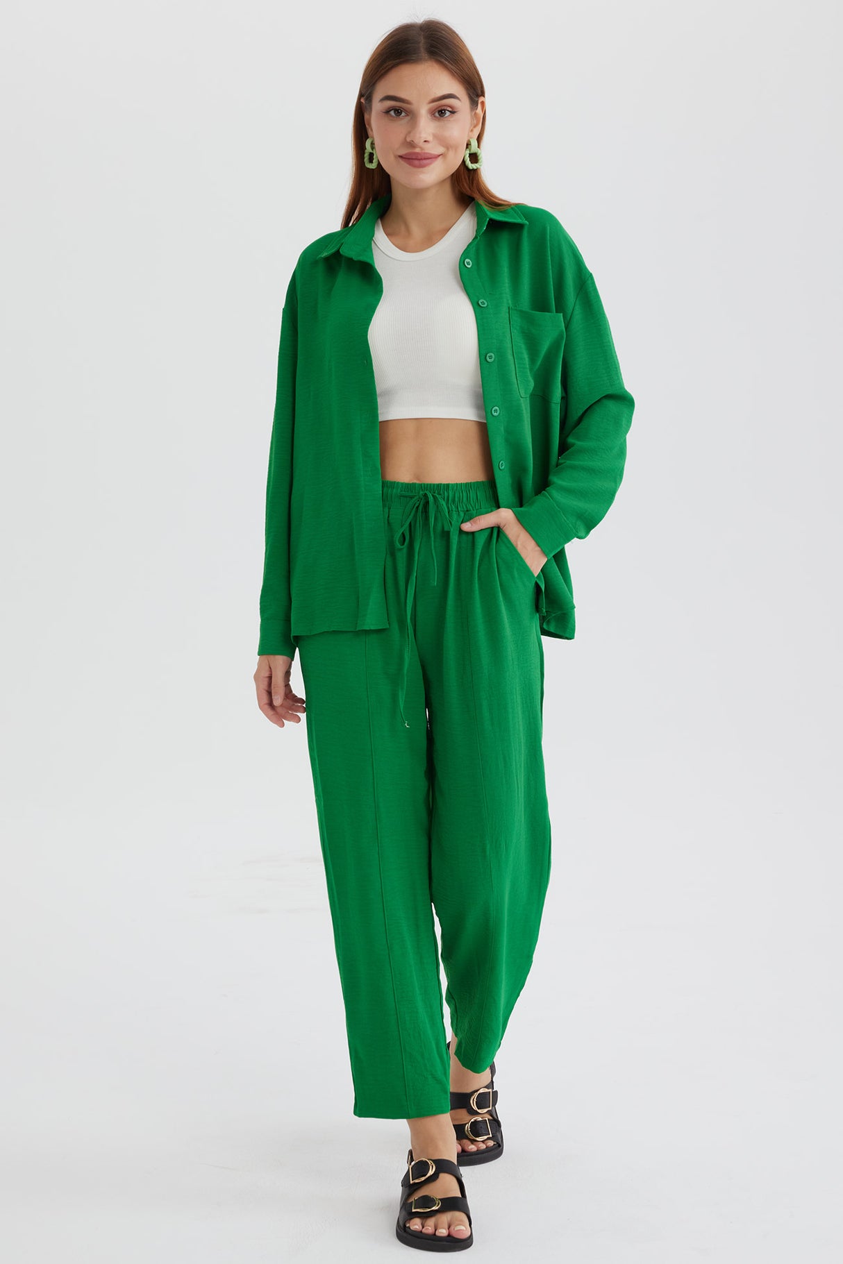 Long Sleeve Solid Color Shirt Long Pants Set