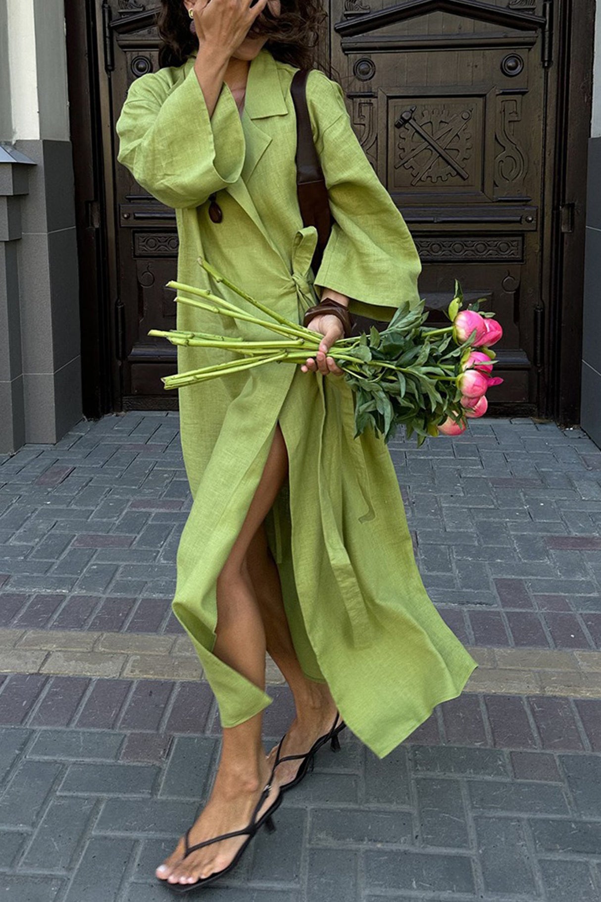 Lapel Tie-up Cotton Linen Dress