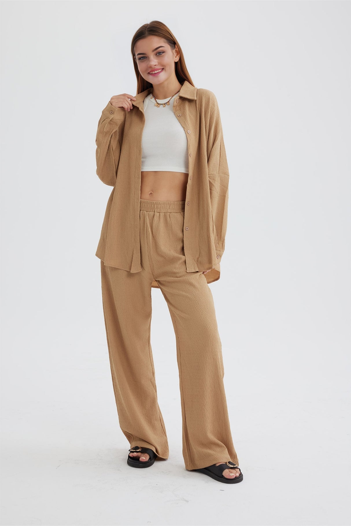 Two Piece Solid Color Long Sleeve Shirt Long Pants Set
