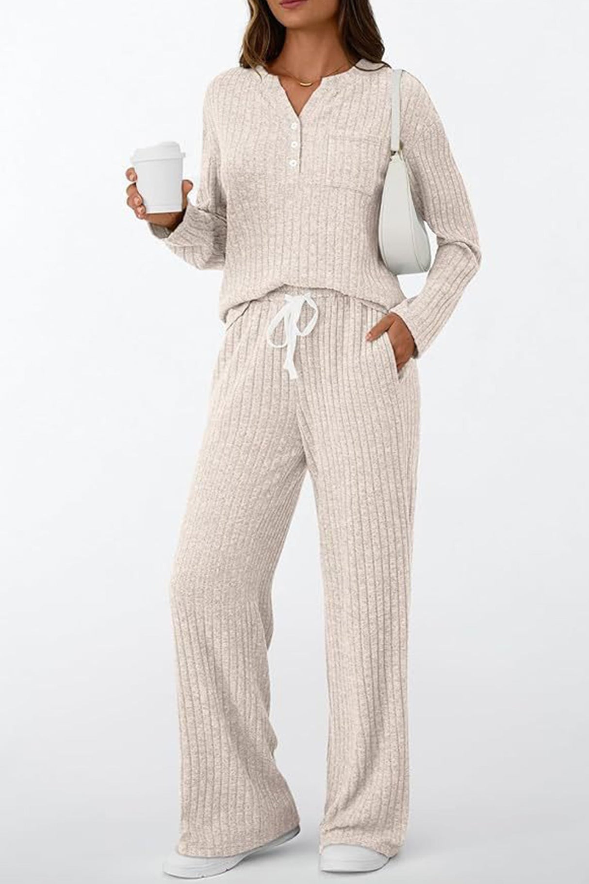 Ribbed Pitted Brushed Two Piece Pants Set