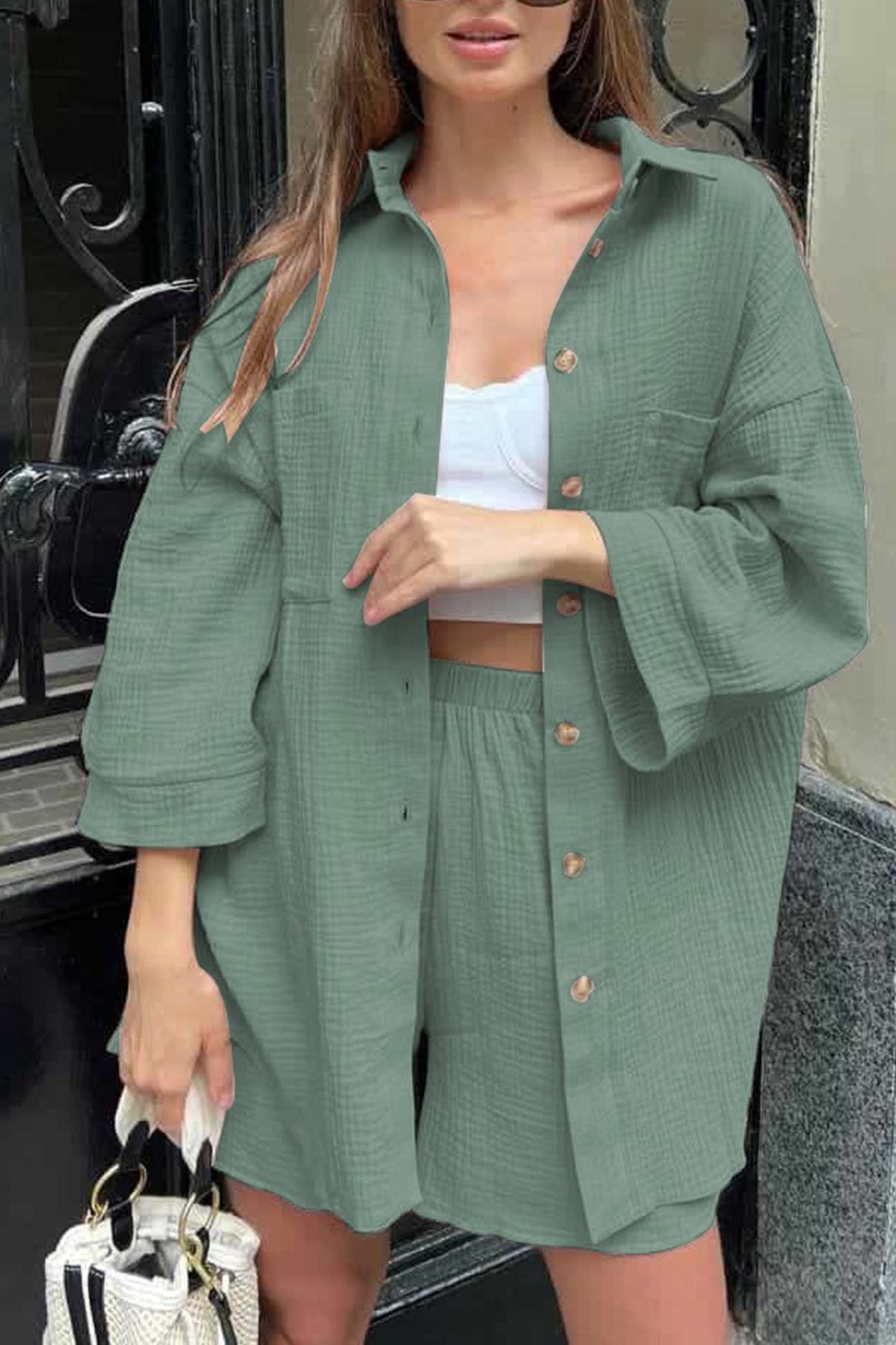 Single-breasted Three-quarter Sleeve Shirt Set