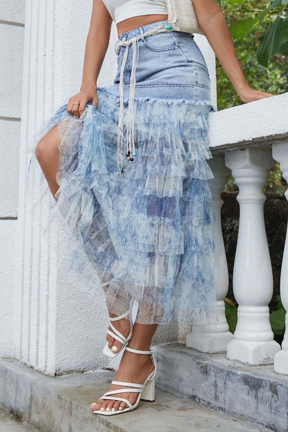 Mesh Patchwork High Rise Tiered Denim Skirt