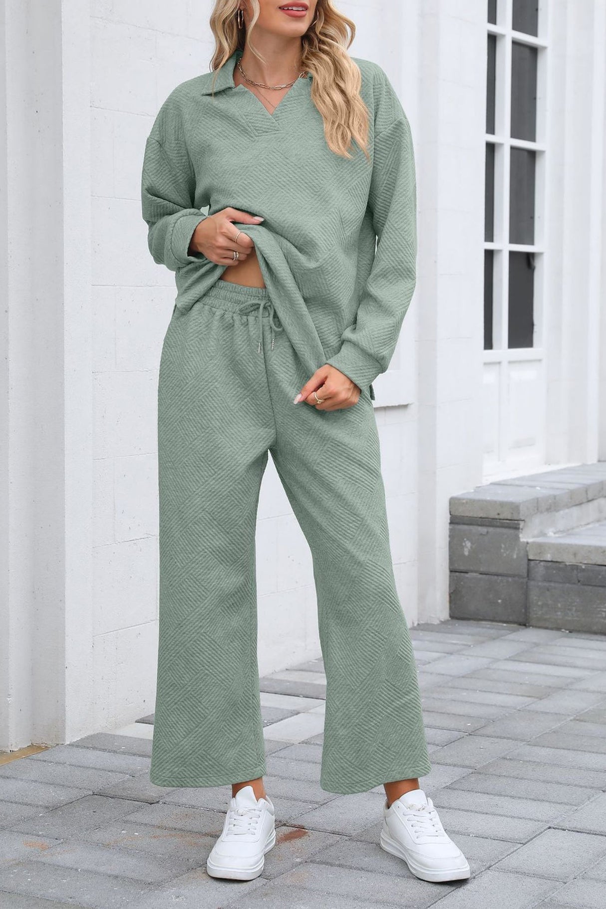 Lapel Long Sleeve Textured Sweashirt Set