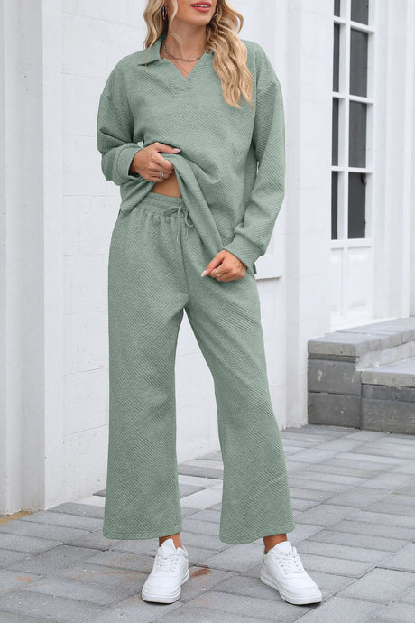 Lapel Long Sleeve Textured Sweashirt Set