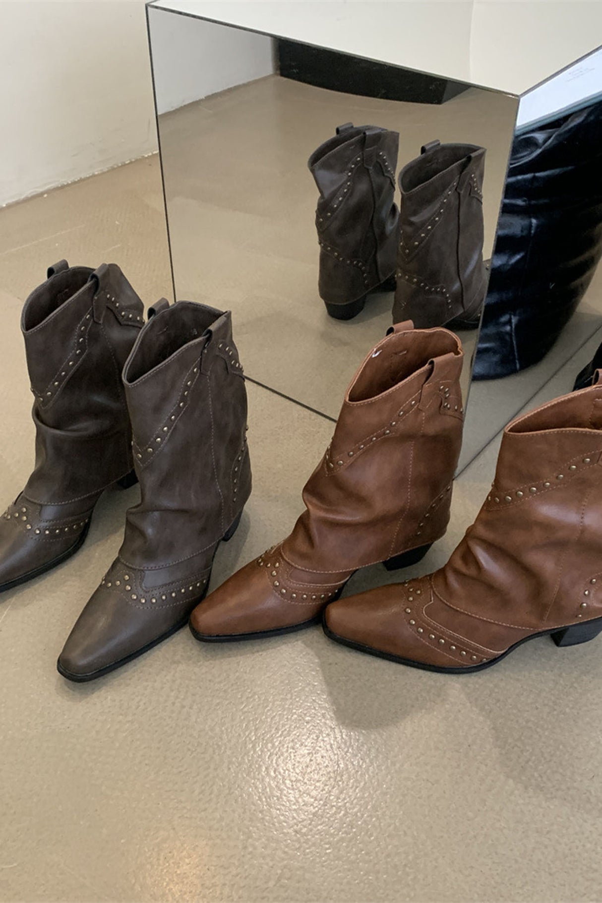 Vintage Pointed Toe Rivet Mid-Calf Boots