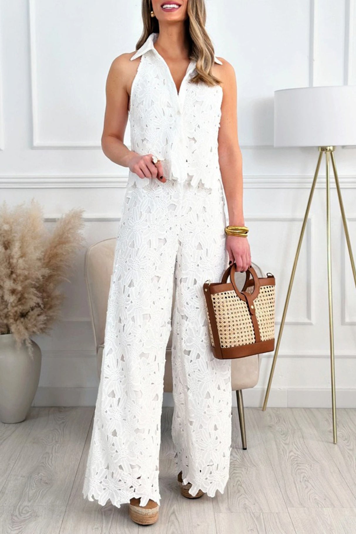 Lapel Hollow Out Lace Vest Pants Set