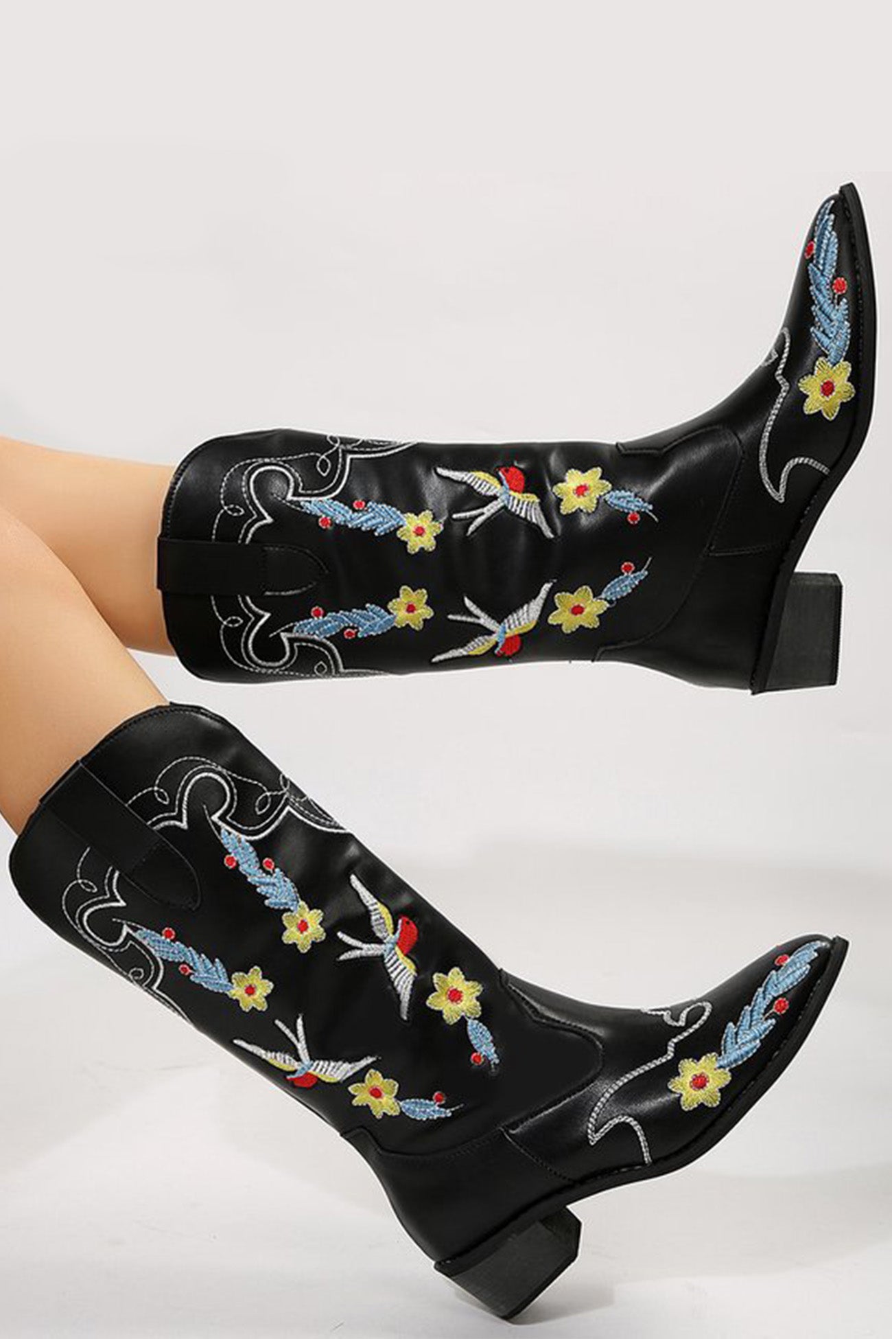 Floral Embroidery Square Toe Knee High Boots