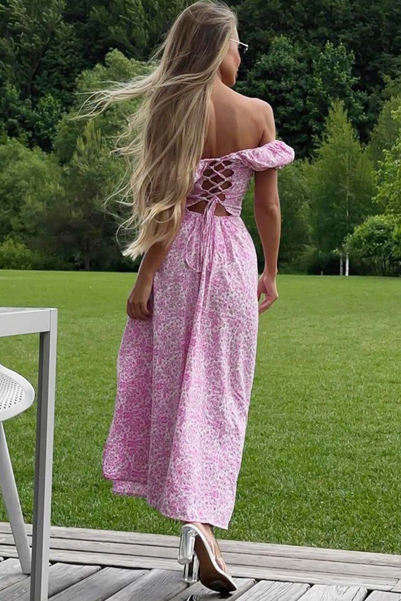 Floral Puff Sleeve Tie-back Slit Dress