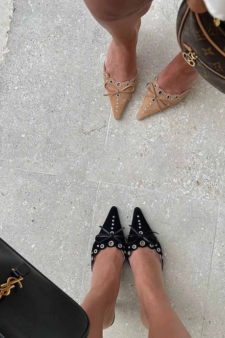 Suede Point Toe Bow Hollow Mule Pumps