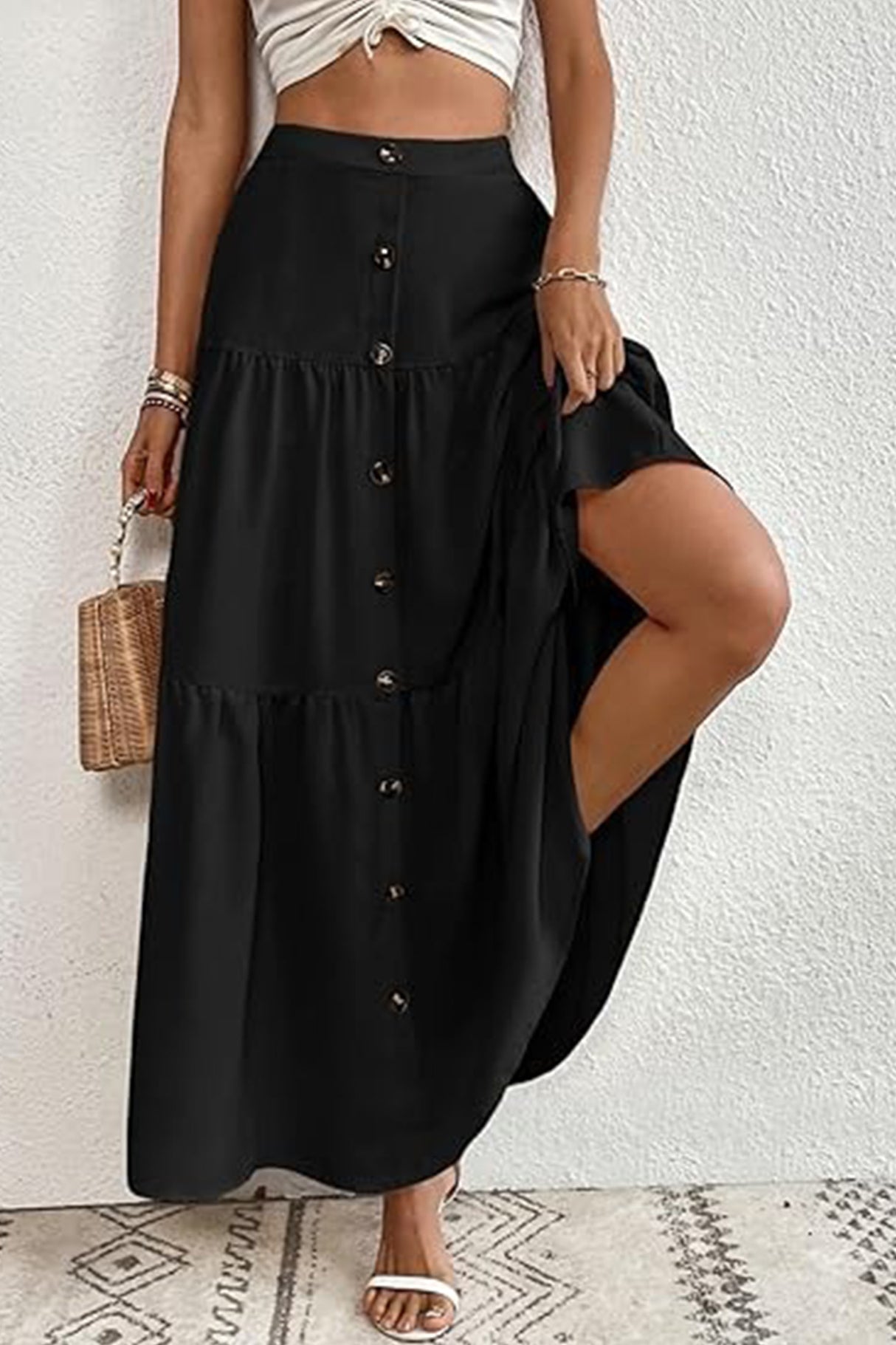 Single-breasted Solid Color Tiered Maxi Skirt