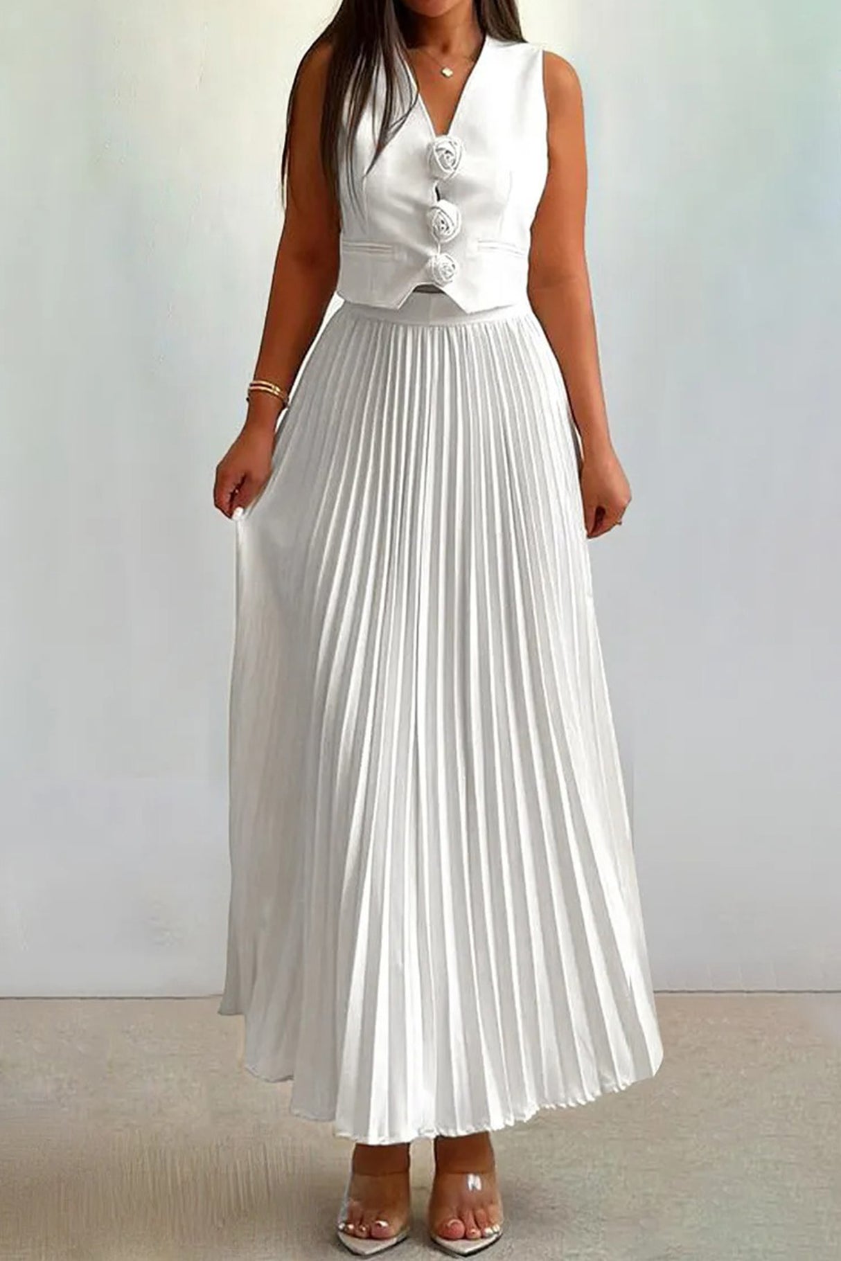 3D Floral Vest Pleated Maxi Skirt Set