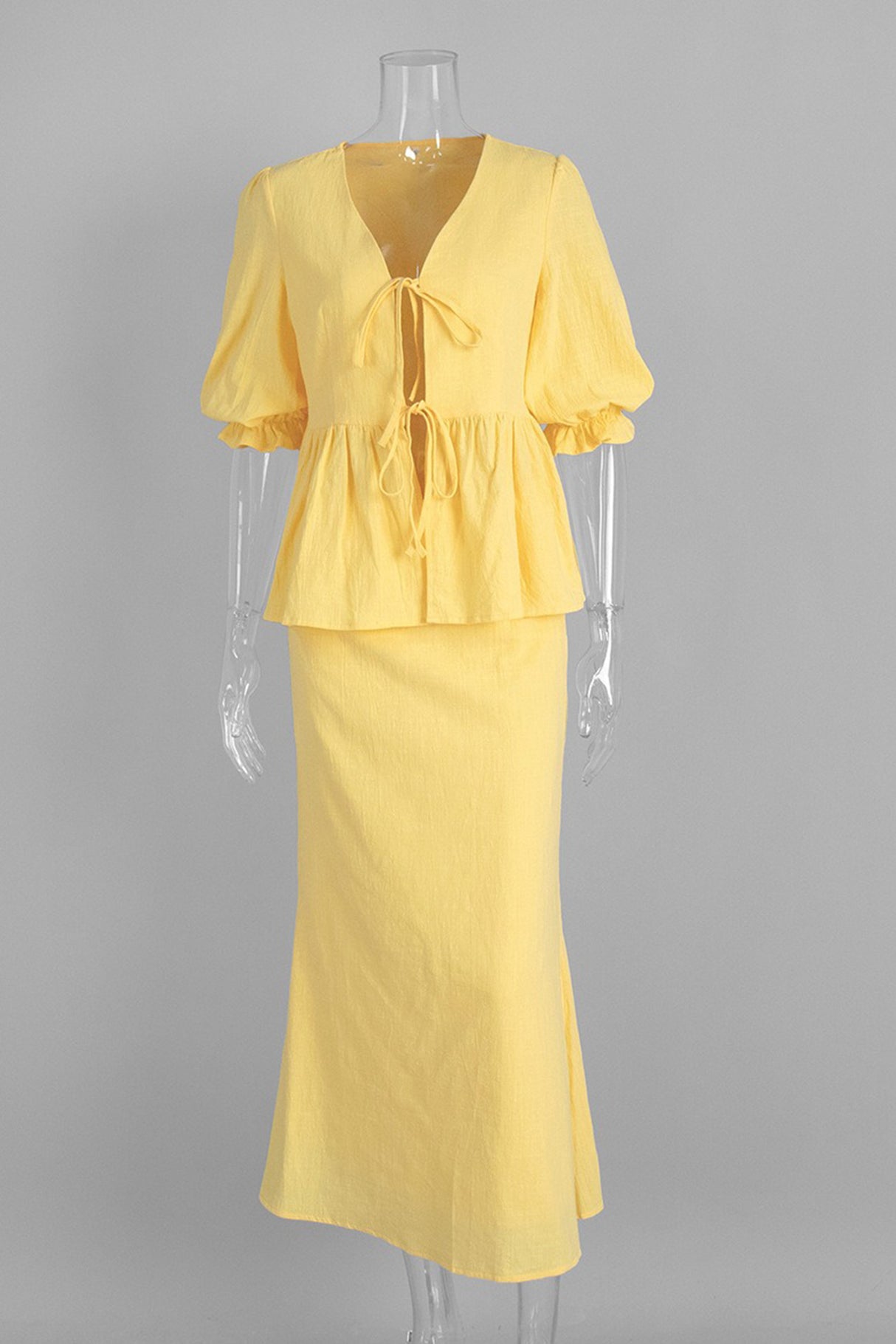 Puff Sleeve Tie-up Ruffle Cotton Shirt Skirt Set