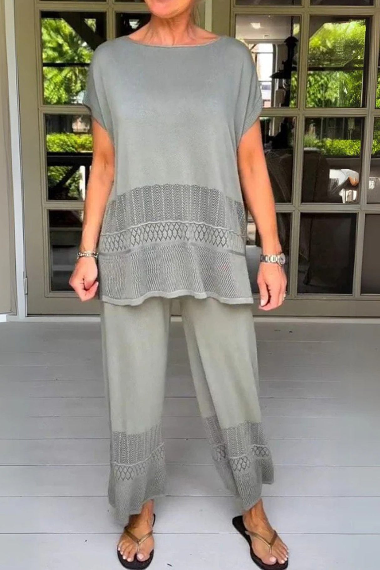 Solid Color Hollow Out Knit Two-piece Outfit