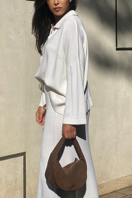 Lapel V Neck Sweater Skirt Set