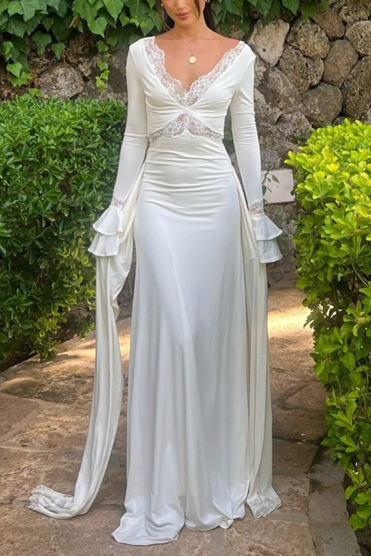 Lace Patchwork Flare Sleeve Tie-up Maxi Dress