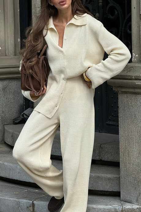 Lapel Button-down Ribbed Knit Two-piece Set