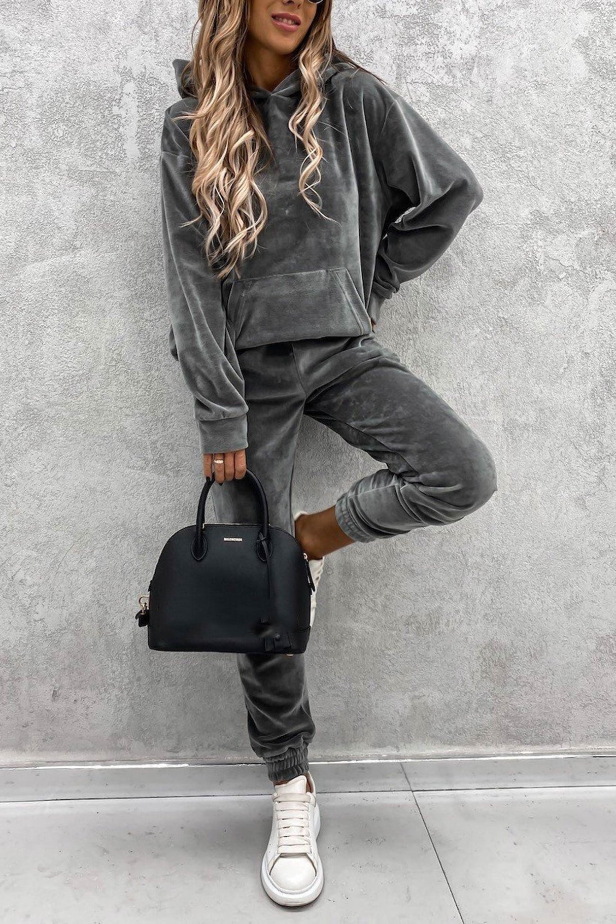 Velour Solid Color Hoodie Long Pants Set