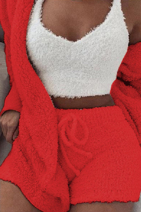 Plush Open-Front Hoodie Vest Three Piece Shorts Set