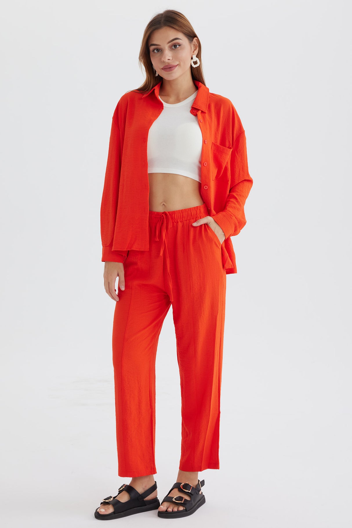 Long Sleeve Solid Color Shirt Long Pants Set