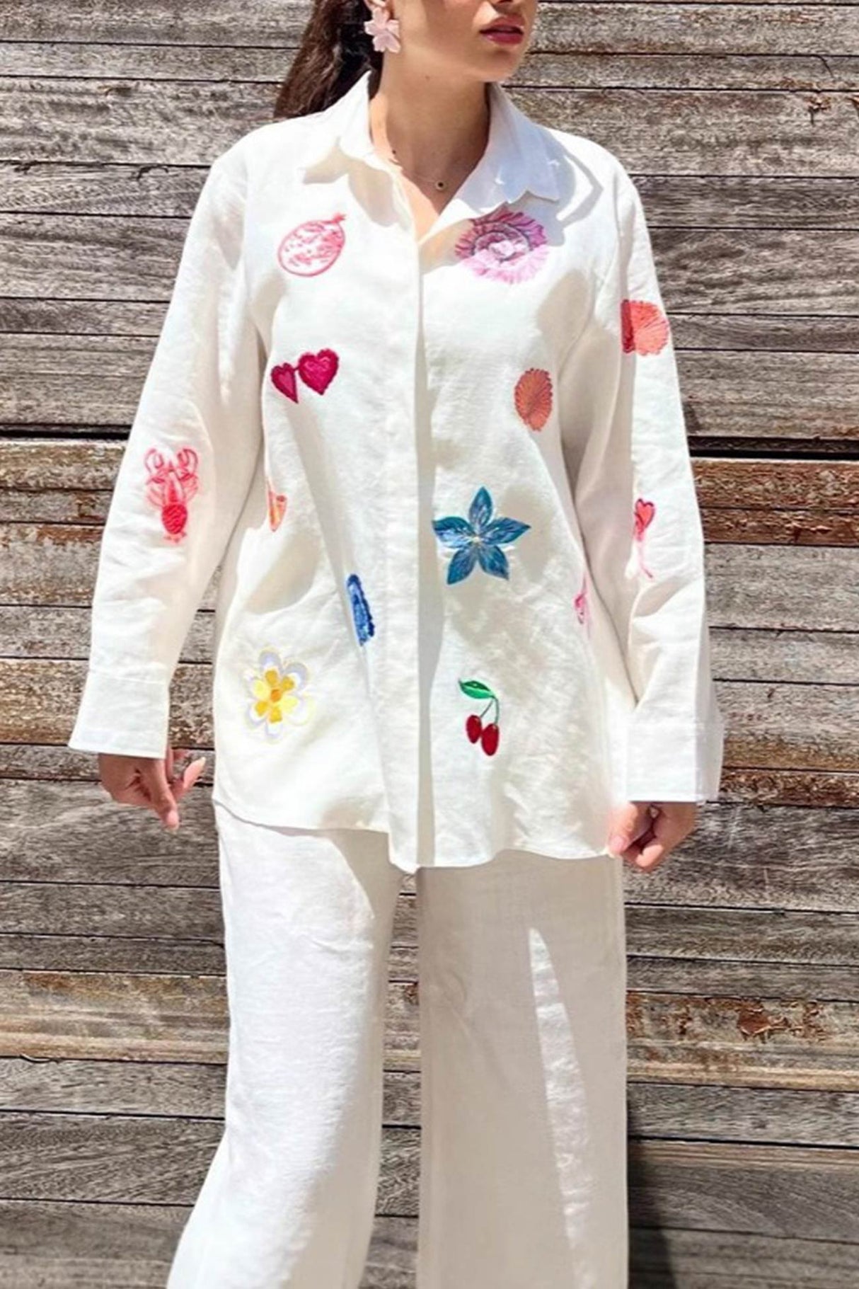 Embroidery Long Sleeve Two-piece Blouse Set