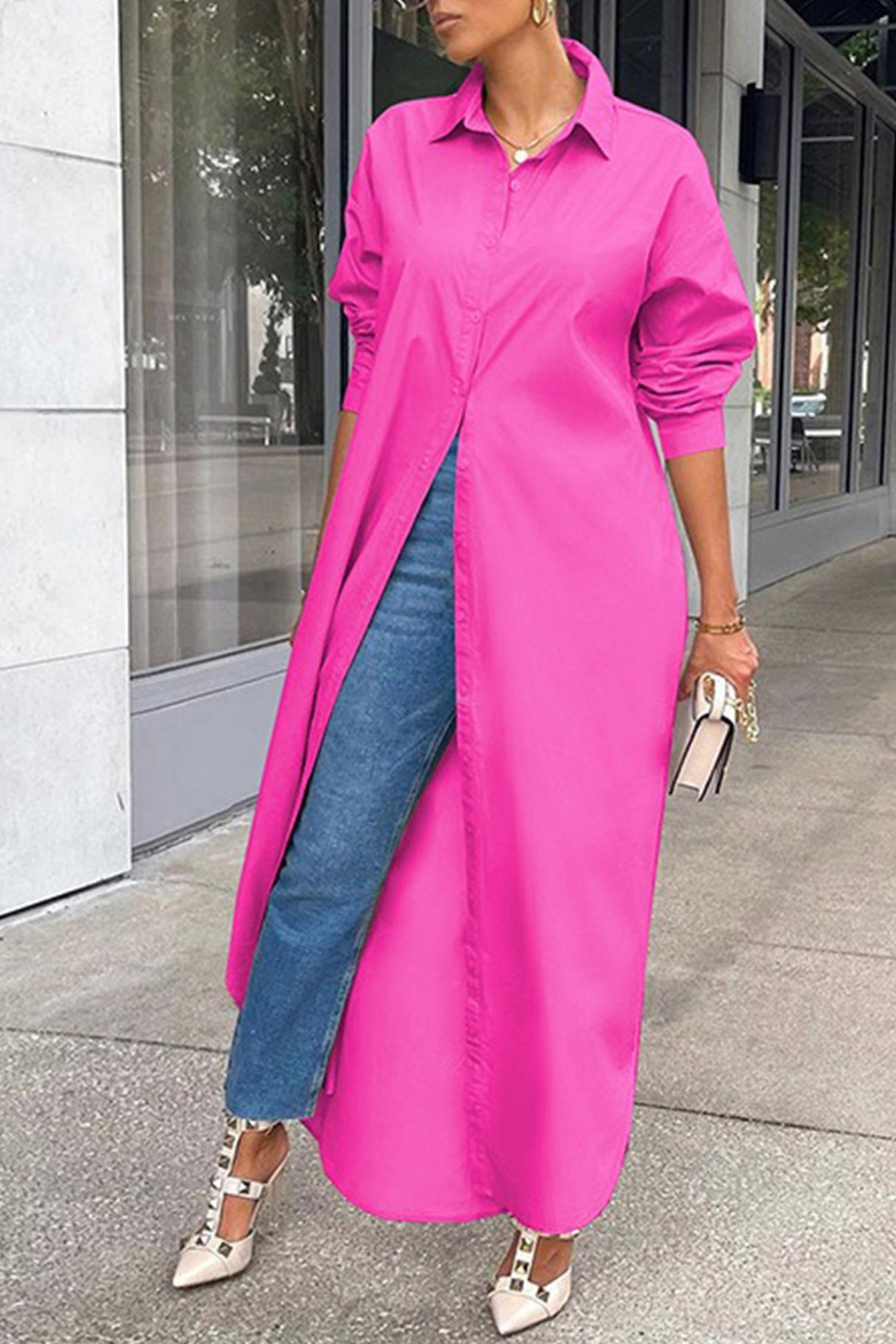 Solid Color Single-breasted Long Blouse