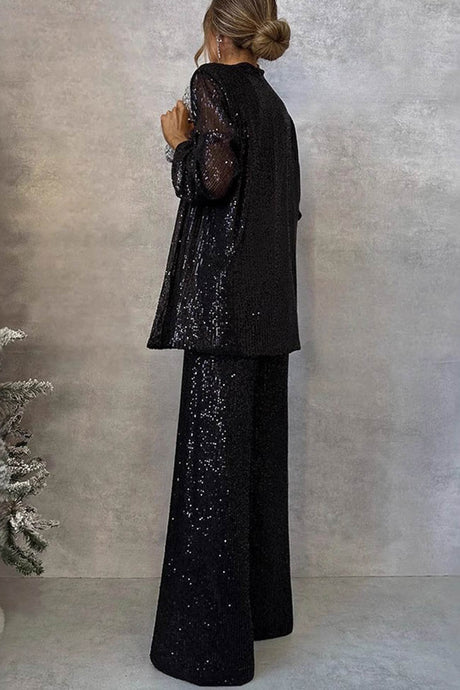 Arolora Sequin Long Sleeve Blazer Flare Long Pants Set