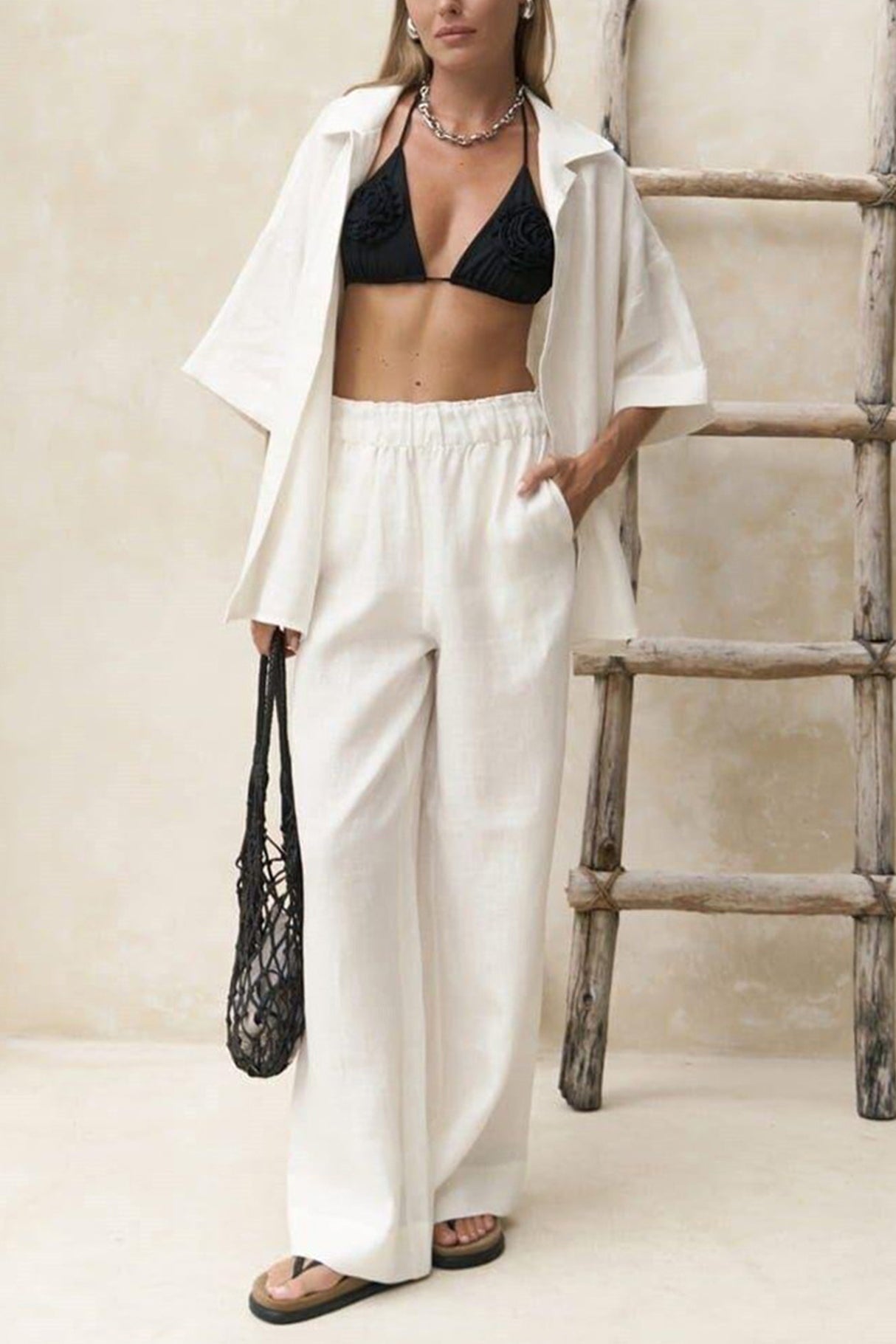 Arolora Solid Color Cotton Half Sleeve Blouse Pants Set