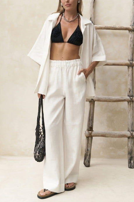 Arolora Solid Color Cotton Half Sleeve Blouse Pants Set
