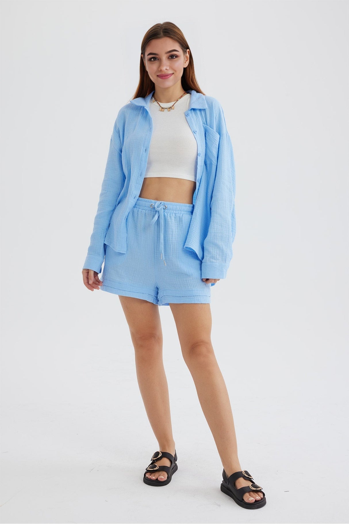 Arolora Long Sleeve Solid Color Shirt Shorts Set