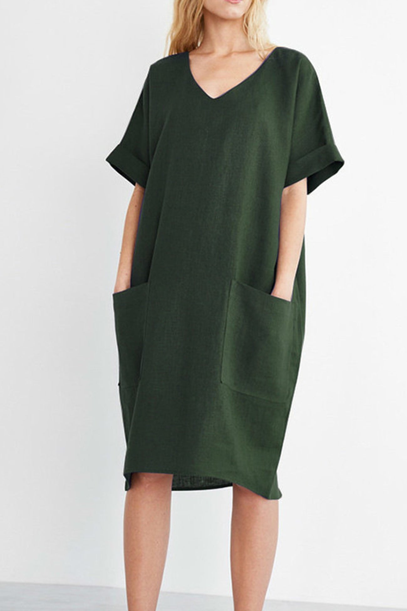 Arolora V-Neck Short Sleeve Pocketed Cotton Dress