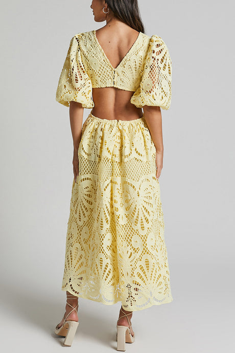 Arolora V-neck Lace Embroidery Hollow Waist Dress