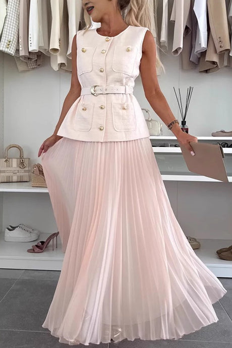 Arolora Button-down Tank Top Mesh Pleated Skirt Set