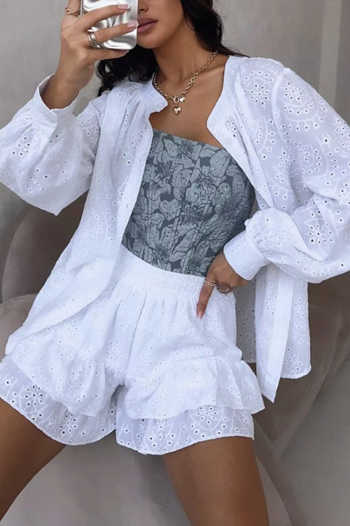 Arolora Hollow-out Jacquard Blouse Tiered Shorts Set