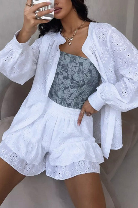 Arolora Hollow-out Jacquard Blouse Tiered Shorts Set