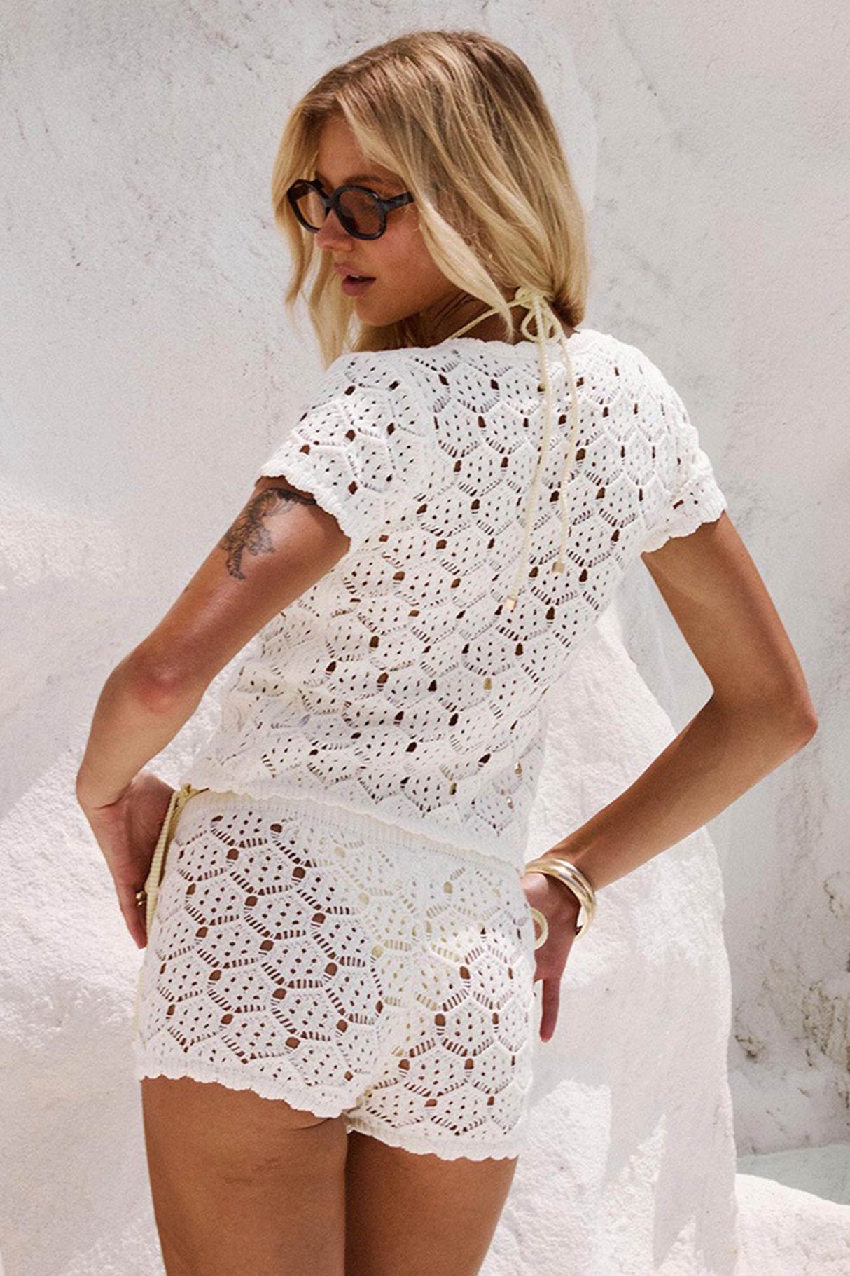 Arolora Hollow-out Jacquard Blouse Cover-up Set