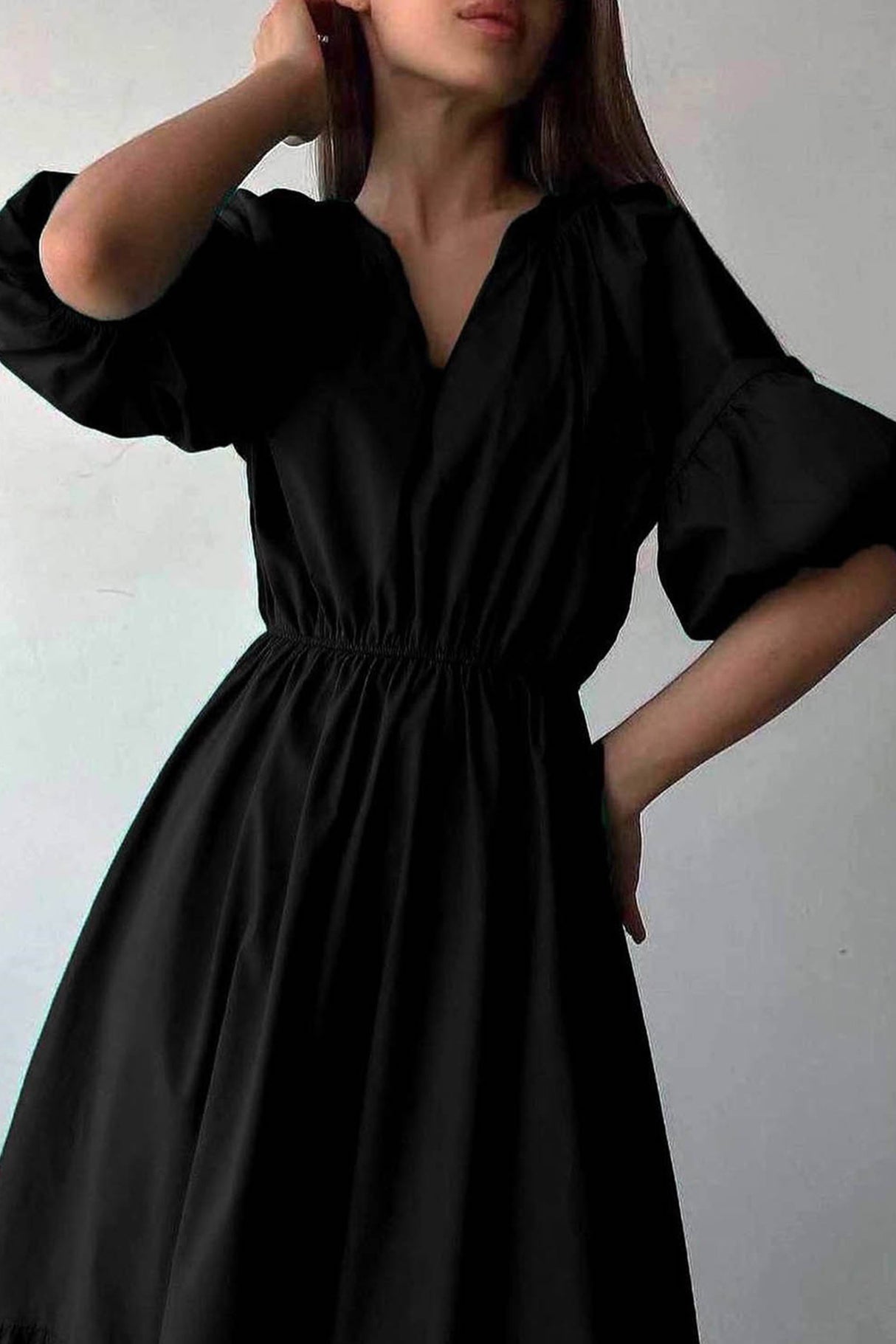 Arolora Half Sleeve V Neck High Waist Midi Dress