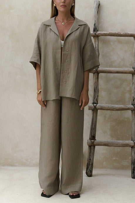 Arolora Solid Color Cotton Half Sleeve Blouse Pants Set