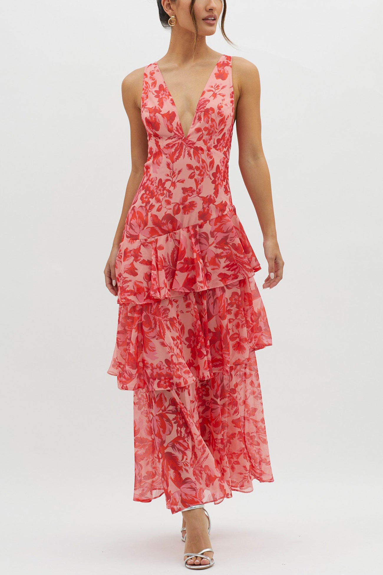 Arolora Floral Print Tie-up Back Chiffon Tiered Dress