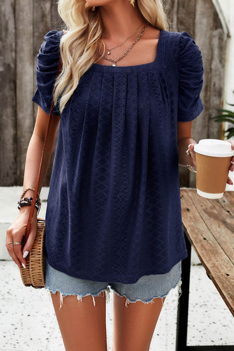 Arolora Square Neck Puff Sleeve Hollow Out Blouse