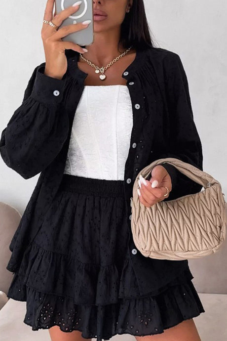 Arolora Hollow-out Jacquard Blouse Tiered Shorts Set