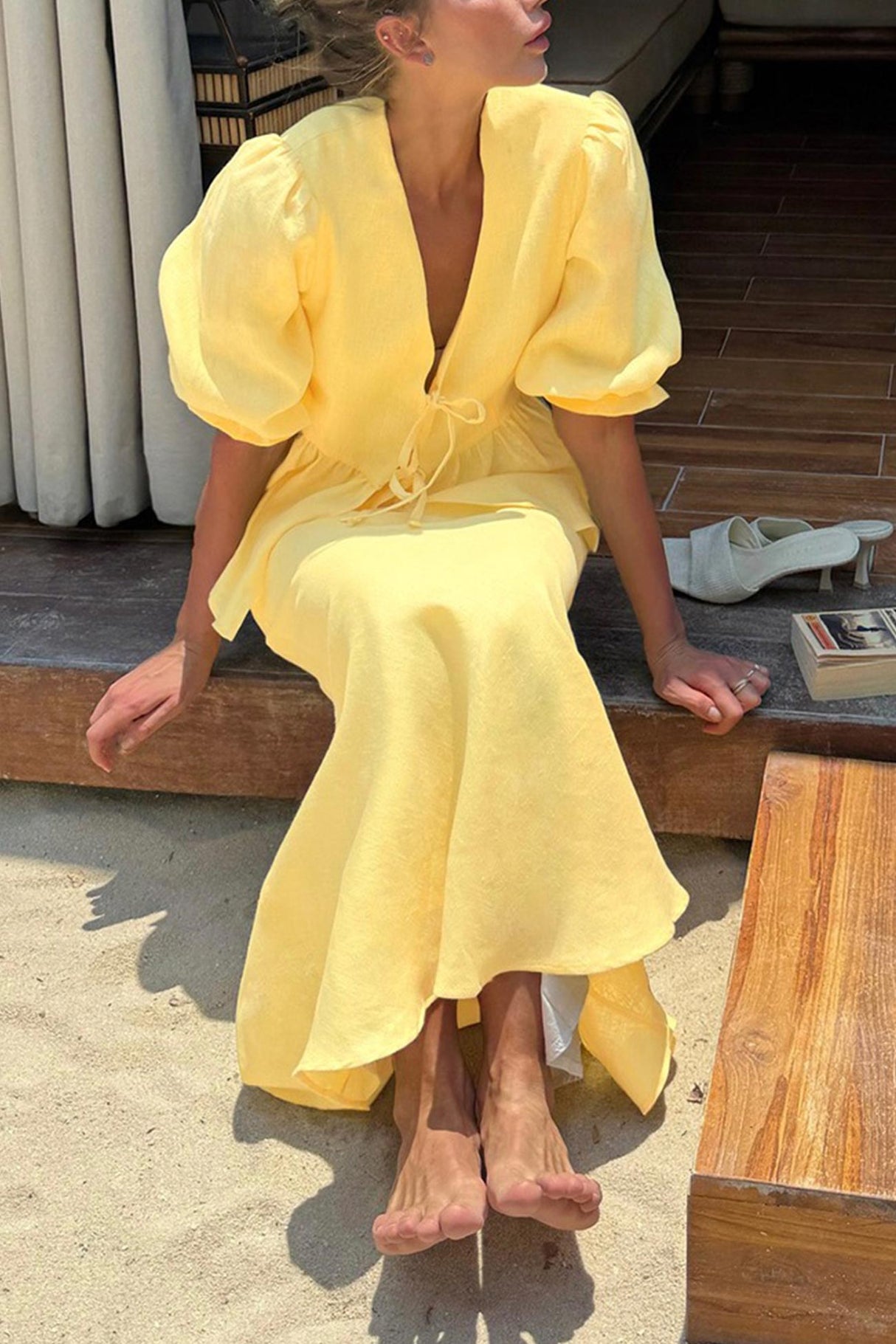 Puff Sleeve Tie-up Ruffle Cotton Shirt Skirt Set