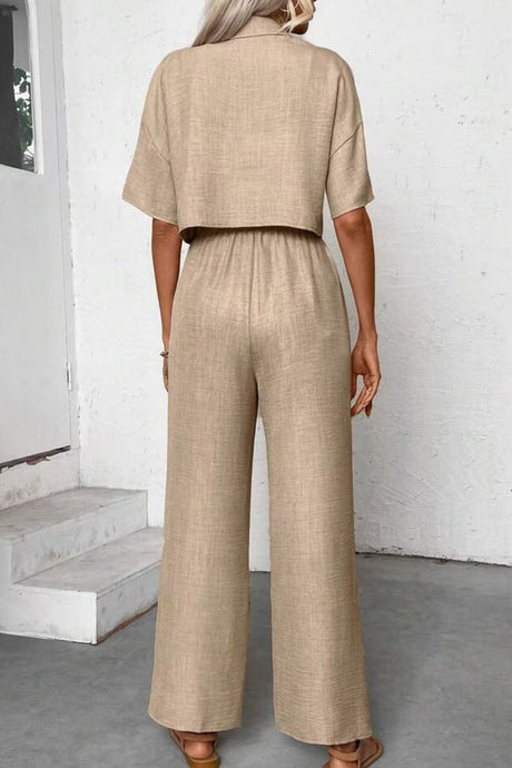 Button-down Crop Shirt Long Pants Set