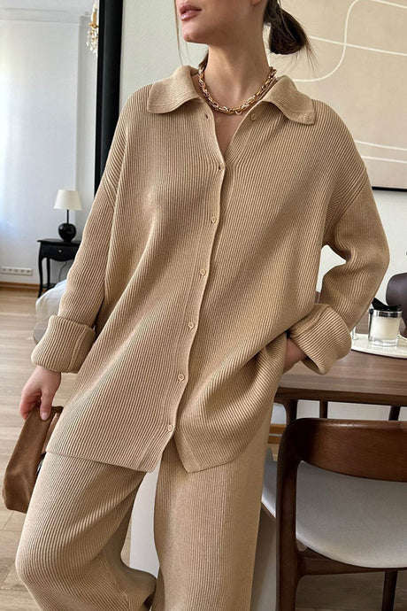 Lapel Button-down Ribbed Knit Two-piece Set