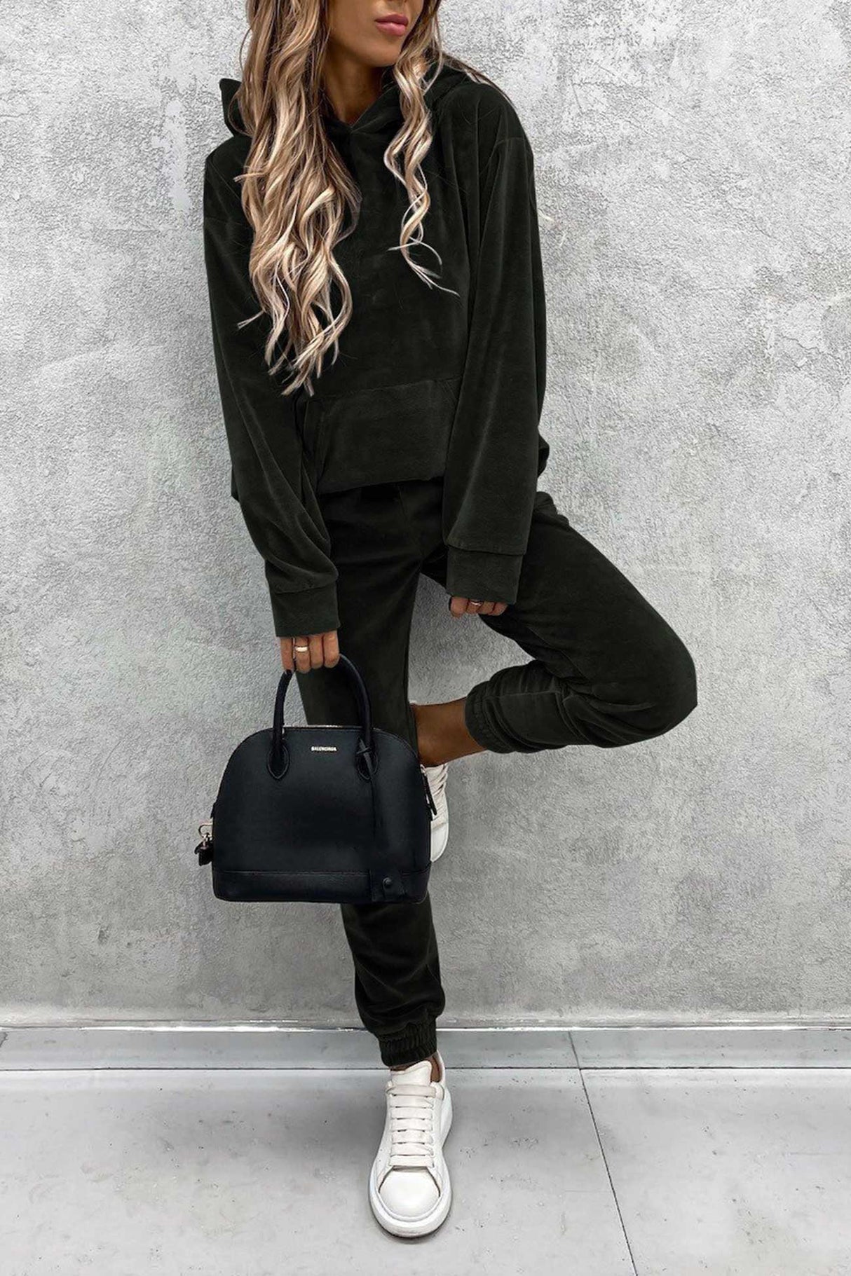 Velour Solid Color Hoodie Long Pants Set
