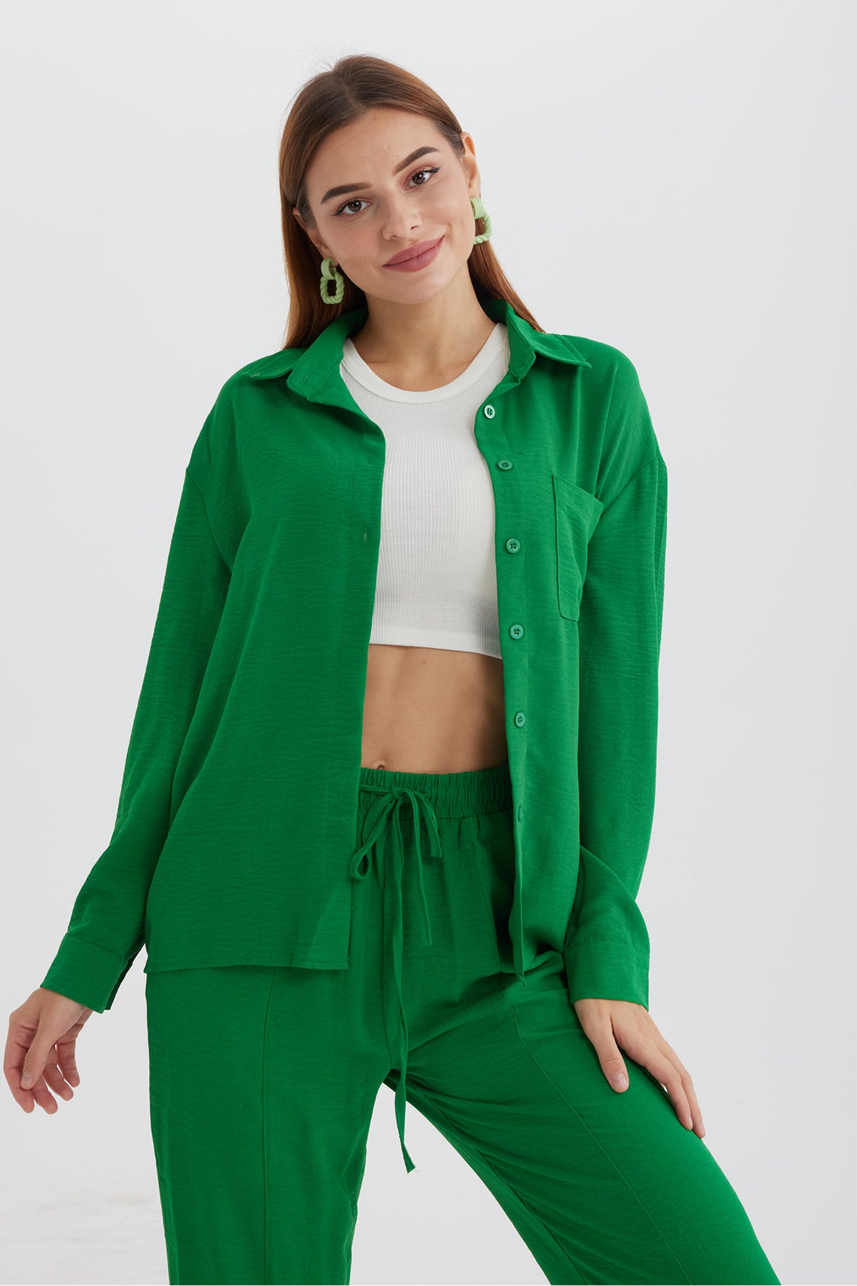 Long Sleeve Solid Color Shirt Long Pants Set