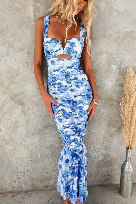 Arolora Floral Print Ruched Fishtail Dress