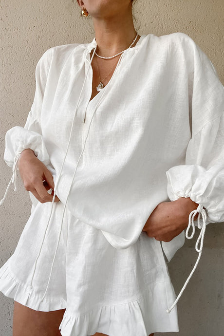 Arolora V-neck Lantern Sleeve Cotton Shirt Set