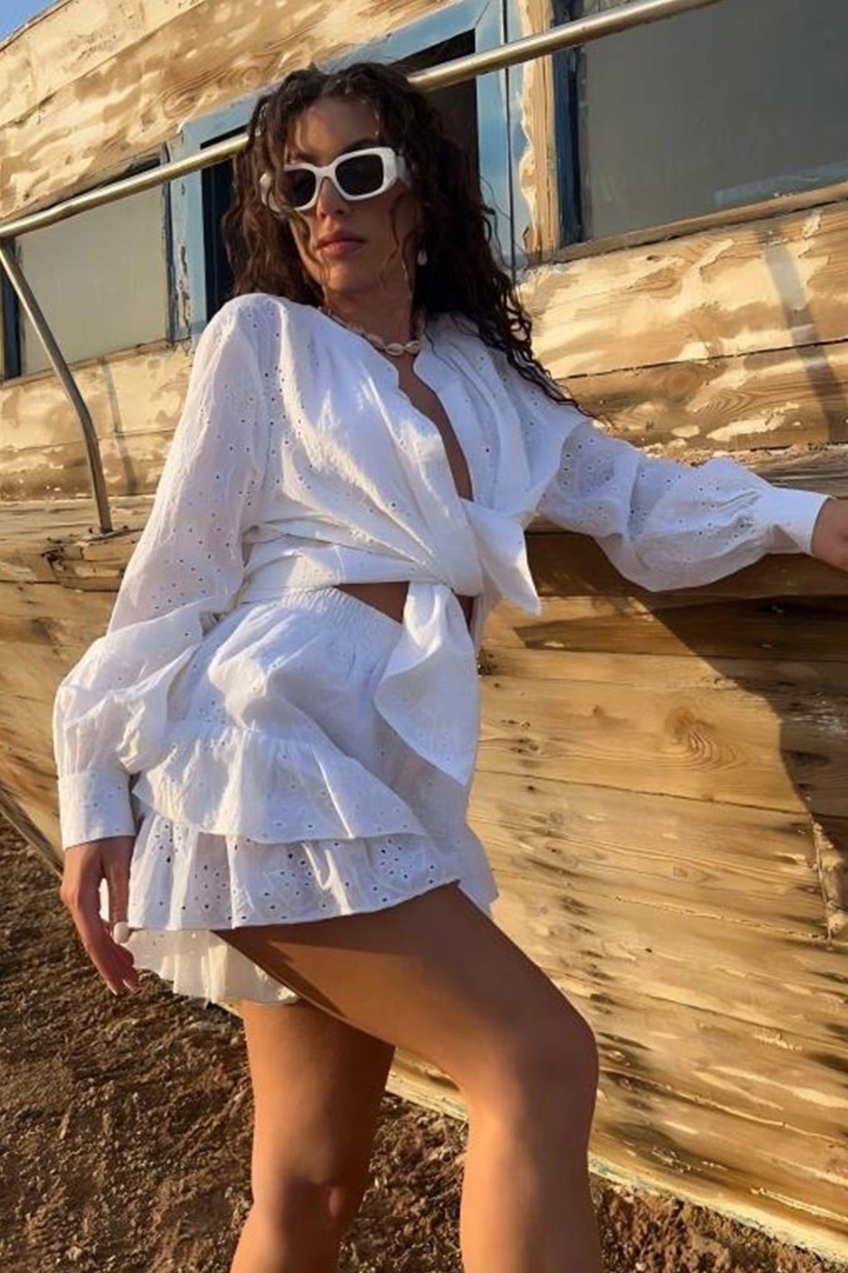 Arolora Hollow-out Jacquard Blouse Tiered Shorts Set